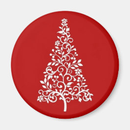 Árbol blanco de Navidad en imán rojo redondo