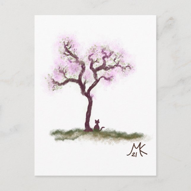 Árbol bonito Sakura con postal pequeña para gato (Anverso)