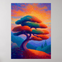Árbol Bonsái Zen Arte de Paisaje Puntillismo