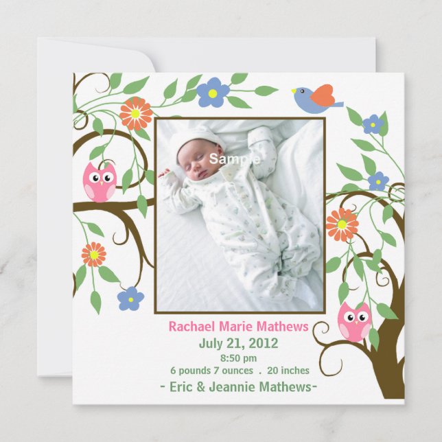 Árbol colorido con Invitación de bebé de búhos (Anverso)
