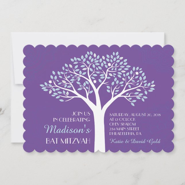 ÁRBOL CON ESTRELLAS Morado Bat Mitzvah Invitación (Anverso)