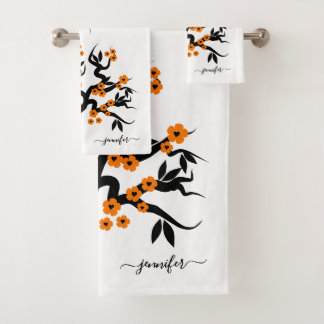 Árbol de cerezo de aves amorosas naranjas y negras