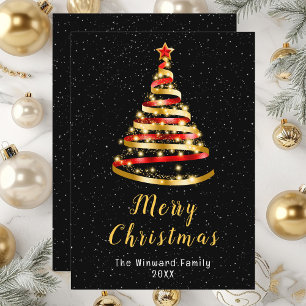 Árbol de cinta roja y dorada Feliz Navidad