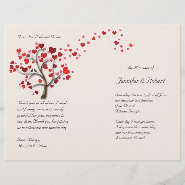 Árbol de corazón rojo en programa de matrimonio de (Anverso)