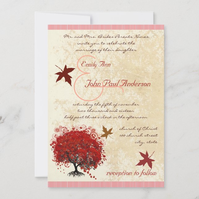 Árbol de Corazón Rojo Hojas de Otoño Invitación de (Reverso)