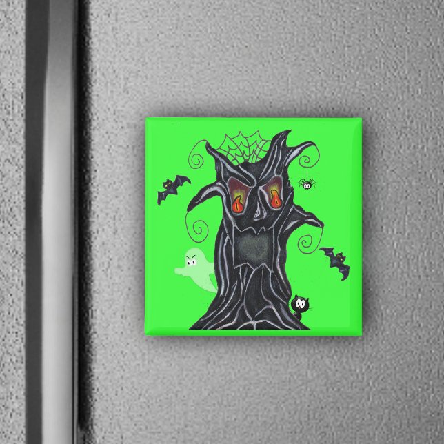 Árbol de fantasía con imán de amigos de Halloween (Black spooky tree flame eyes bats, ghost, black cat on vibrant green Halloween magnet.)