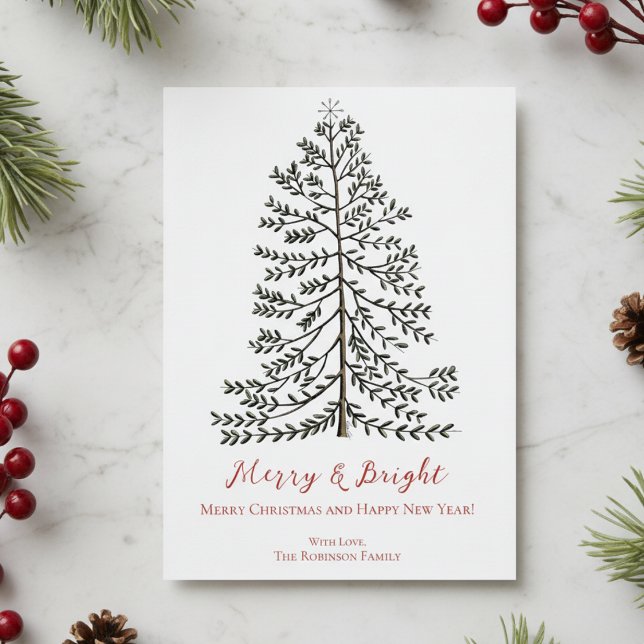 Árbol de invierno de Feliz Navidad Blanco (Simple Modern Merry & Bright Christmas Card. Hand Drawn Tree with Star, Red Merry and Bright Script)