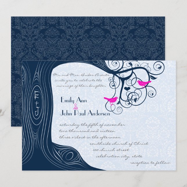 Árbol de la Marina Swirls Fuchsia Invitación a la  (Anverso / Reverso)