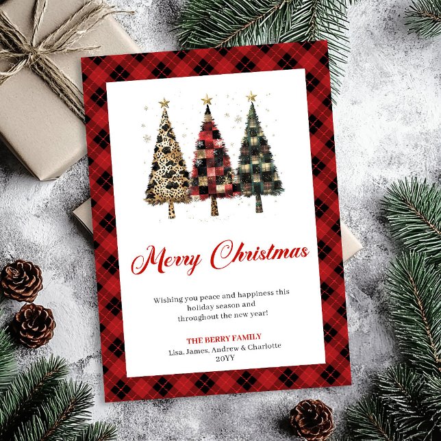 Árbol de Navidad a Cuadros Rojos con Estampado de  (Trendy Red Plaid Christmas Tree Leopard Pattern Card)