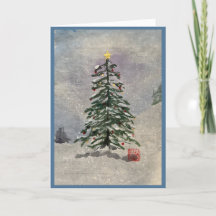 Árbol de Navidad acuarela en tarjeta de nieve 5x7