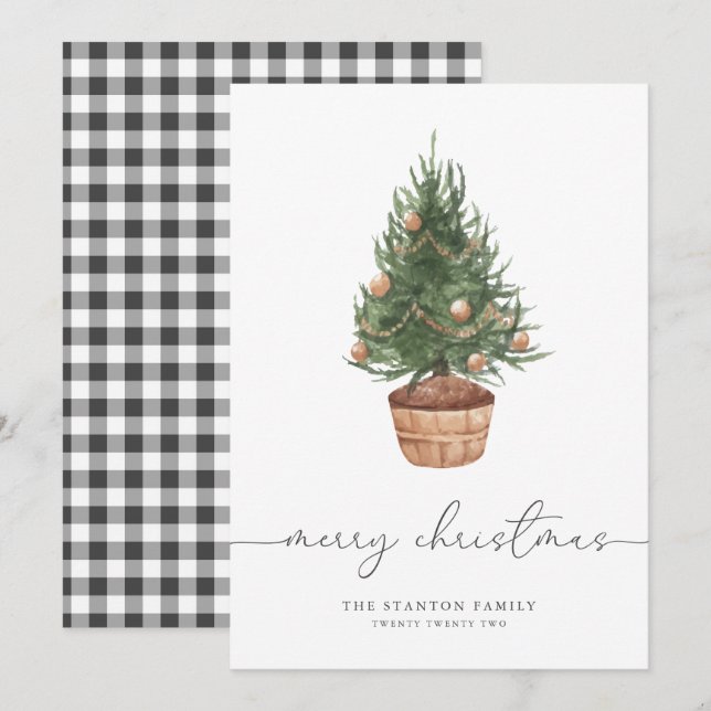 Árbol de Navidad acuarela Gingham | Tarjeta de vac (Anverso / Reverso)