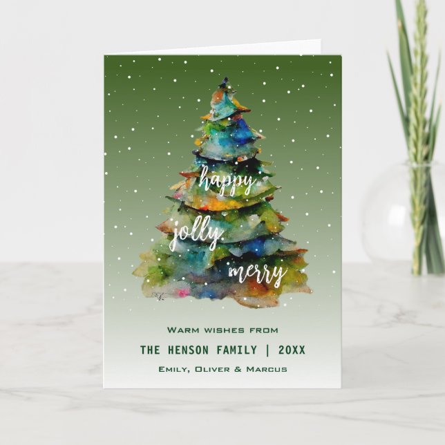 Árbol de Navidad acuarela Merry Jolly Happy (Anverso)