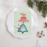 Árbol de Navidad Aqua Blue Santa Claus<br><div class="desc">Tipografía roja deseando una muy Feliz Navidad con un fondo acuático retro y abstracto. Algunas estrellas blancas en segundo plano. Santa Claus se aferra a un bastón de caramelo en su mano derecha y se aferra a un árbol de Navidad azul y sin cortes.</div>