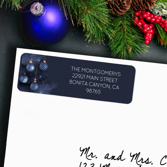 Árbol de Navidad Azul y Etiqueta de Dirección de R (Blue Christmas tree and blue ornaments return address labels)
