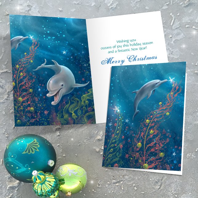Árbol de Navidad bajo el Mar Delfín Mágico (Add your own personalized holiday greeting to the inside of these unique dolphin Christmas cards.)