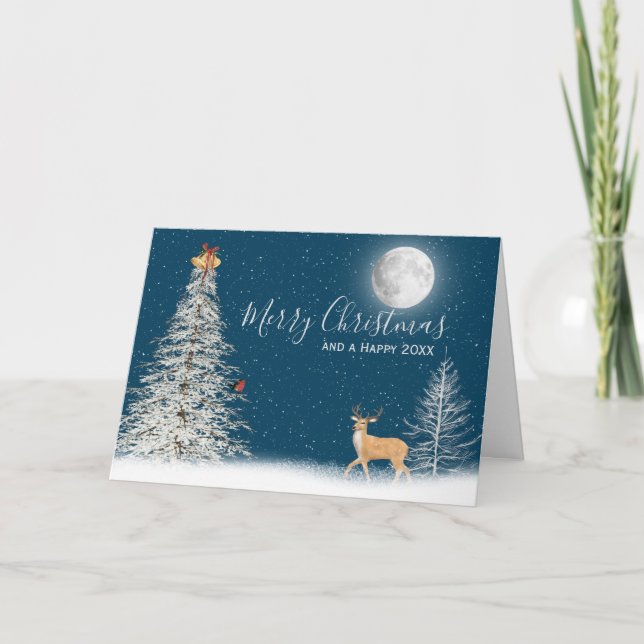 Árbol De Navidad Blanco Y Tarjeta De Venado (Anverso)