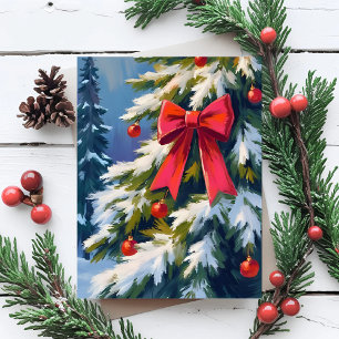 Árbol de Navidad Cinta Roja Pintura Acuarela Feliz