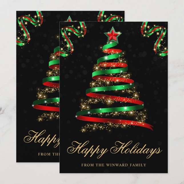 Árbol de Navidad con Cinta Brillante Verde y Roja (Anverso / Reverso)