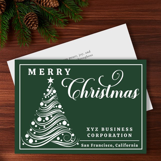 Árbol de Navidad con Cinta Elegante Feliz Navidad  (Elegant ribbon tree business Christmas card on a rich deep fir green background.)