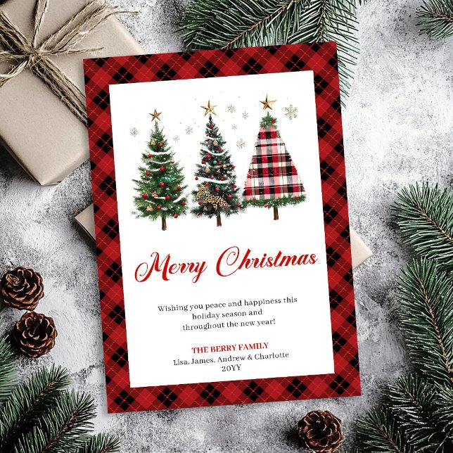 Árbol de Navidad con estampado de búfalo en tono d (Festive Gold Tone Buffalo Plaid Christmas Tree Card)