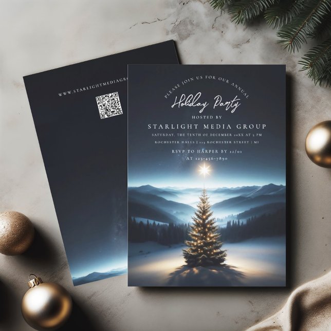 Árbol de Navidad con invitación de estrella (Christmas/ holiday party invitation featuring a lighted tree and a shining star)