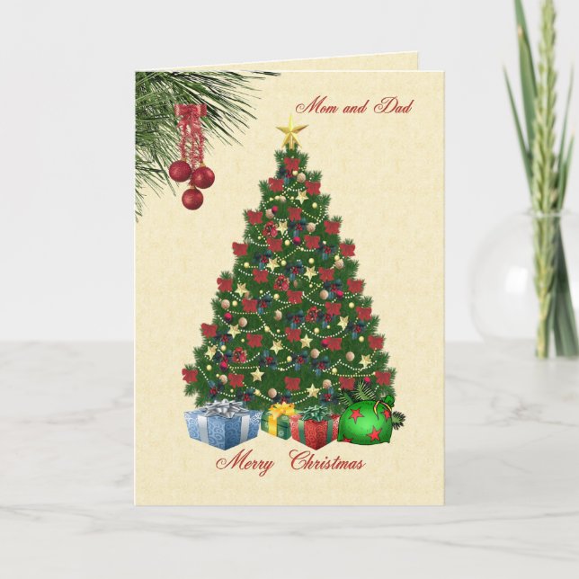 Árbol de Navidad con regalos para mamá y papá (Anverso)