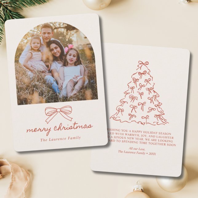 Árbol de Navidad Coquette con Lazo Rojo Doodle Fot (elegant photo christmas cards)