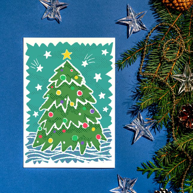 Árbol de Navidad de estilo retro colorido (holiday card with illustrated retro style Christmas tree and ornaments)