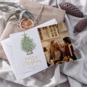 Árbol de Navidad dorado en acuarela Foto Feliz Nav