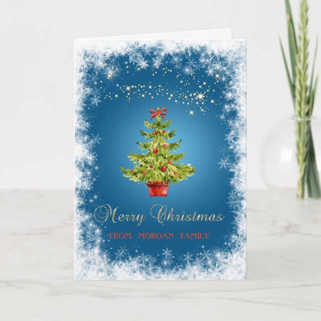 Árbol de Navidad elegante, copos de nieve azules (Anverso)