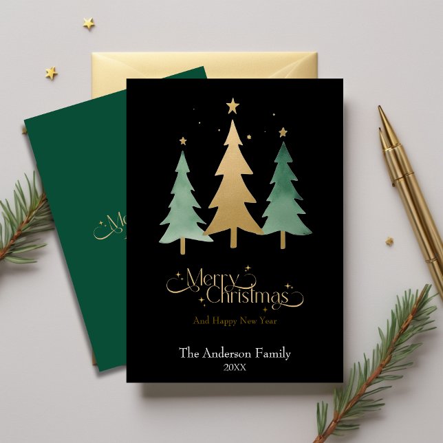Árbol de navidad elegante minimalista negro (Minimalist Elegant Watercolor Christmas Tree Black Holiday Card)