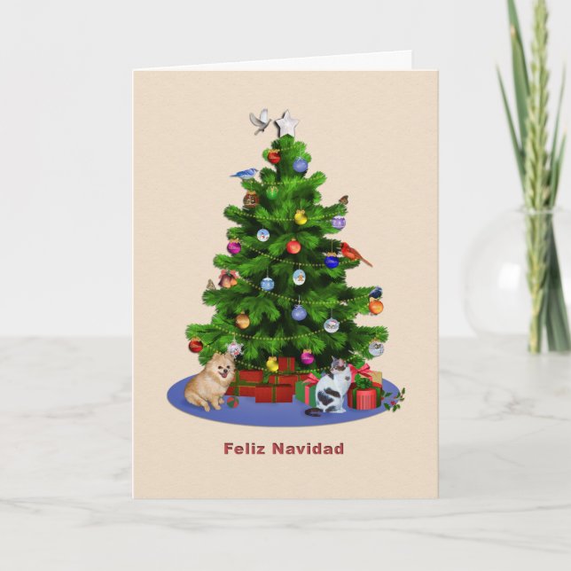 Árbol de navidad español, feliz, pájaros, gato, (Anverso)