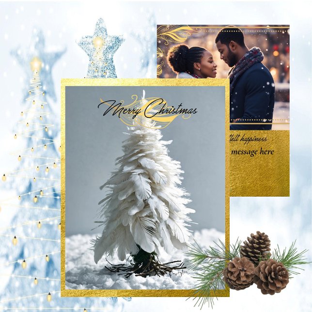 Árbol de Navidad Feather moderno | Foto (Wisps of White Feathers - Plops of Fresh Snow - Gleam of Golden Trim)