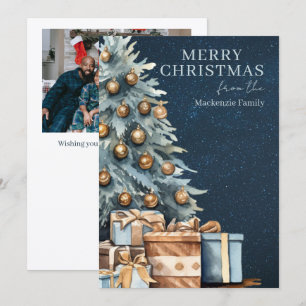 Árbol de Navidad Foto Personalizada Blue Gold Gree