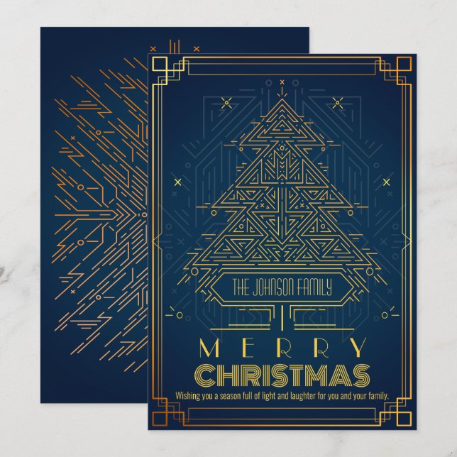 Árbol de Navidad Geométrico Azul Oro Clásico Moder (Anverso / Reverso)