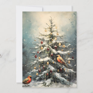 Árbol de Navidad invernal rústico con nieve y pája