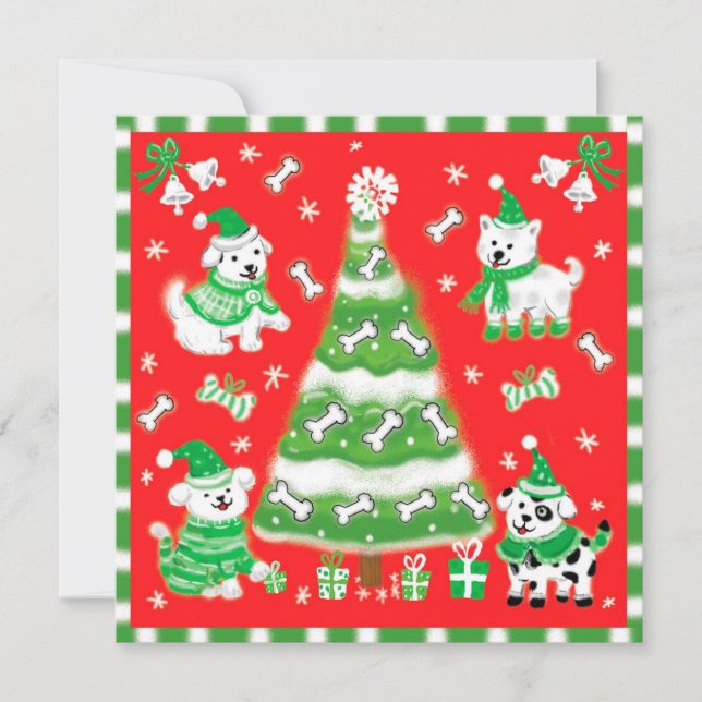 Árbol de Navidad lindo y perritos con huesos (Anverso)
