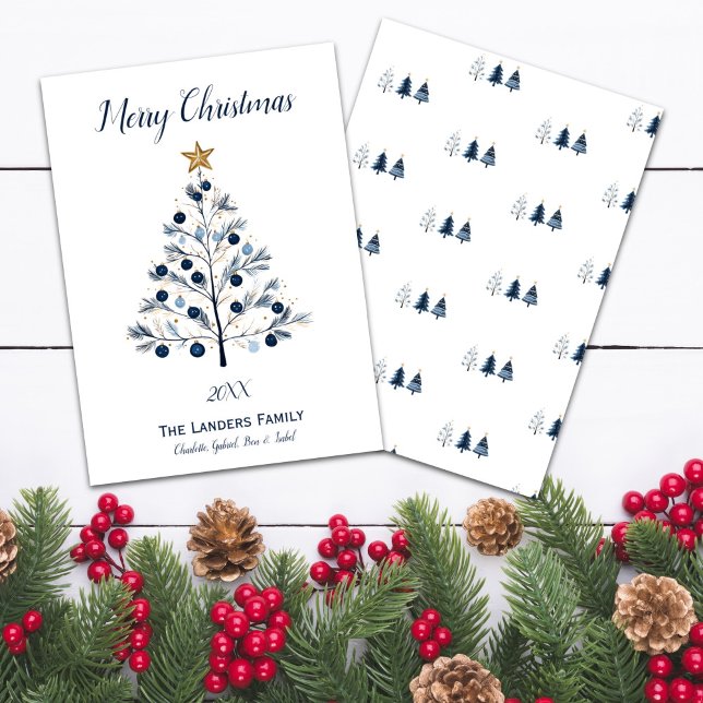 Árbol de Navidad moderno azul y oro (Modern Blue and Gold Personalized Christmas Tree Holiday Card Front and Back)