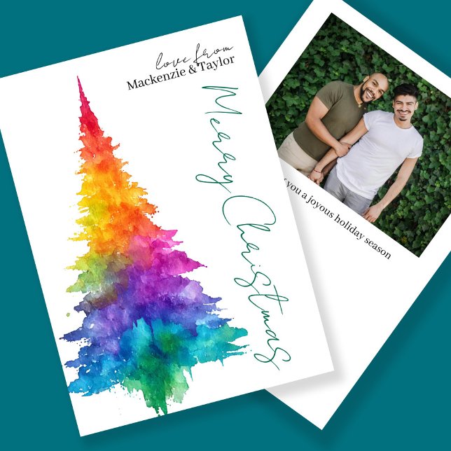 Árbol de Navidad moderno con foto personalizada de (Rainbow Modern Christmas Tree Photo Personalized Holiday Card by Ricaso. LGBT Gay pride rainbow tree)
