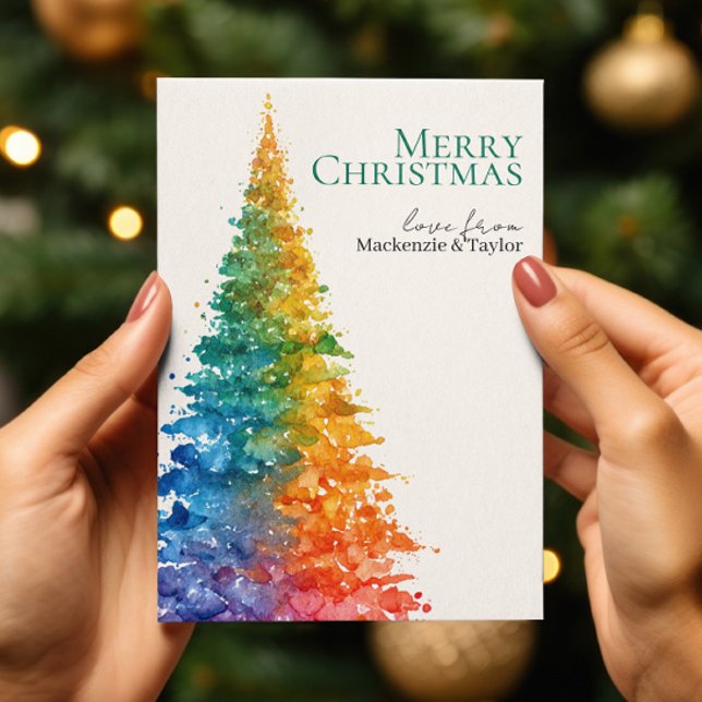 Árbol de Navidad moderno con foto personalizada de (Rainbow Modern Christmas Tree Photo Personalized Holiday Card by Ricaso - colorful seasons greetings)