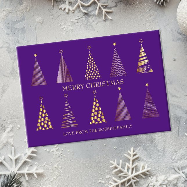 Árbol de Navidad moderno morado y dorado personali (Modern purple and gold christmas card)