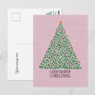 Árbol de Navidad muy alegre en tarjeta postal rosa