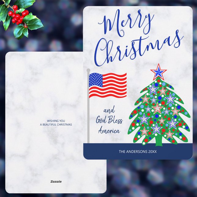 Árbol de Navidad Patriótico Dios bendiga a Estados (It's easy to personalize these patriotic Christmas cards for your holiday greetings)