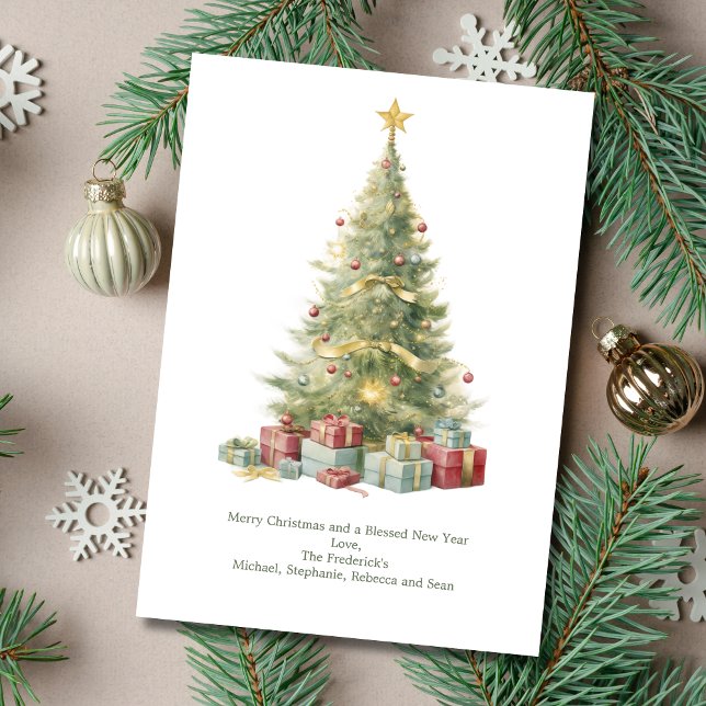 Árbol de Navidad personalizado presenta Navidades (Personalized Vintage Christmas Tree Holiday Christmas Card. Printed or Digital Download)