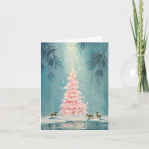 Árbol de Navidad rosa vintage ciervo fondo azul