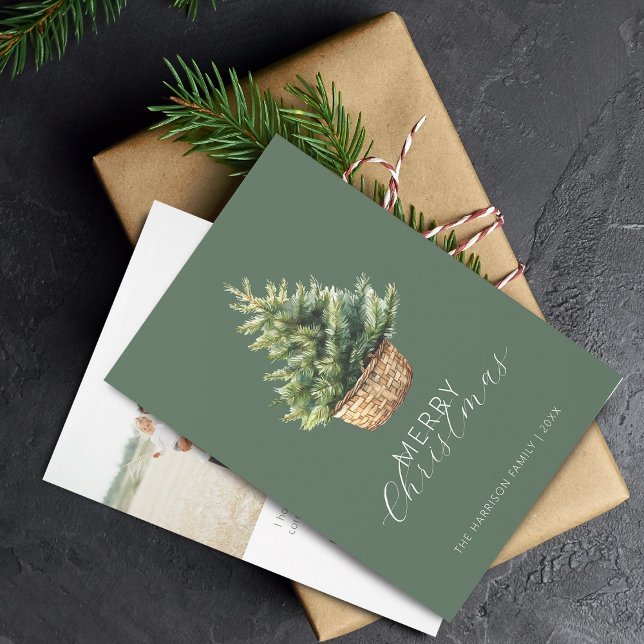 Árbol de Navidad Rústico En Cesta Foto Plana (Rustic Christmas Tree In Basket Flat Holiday Card)