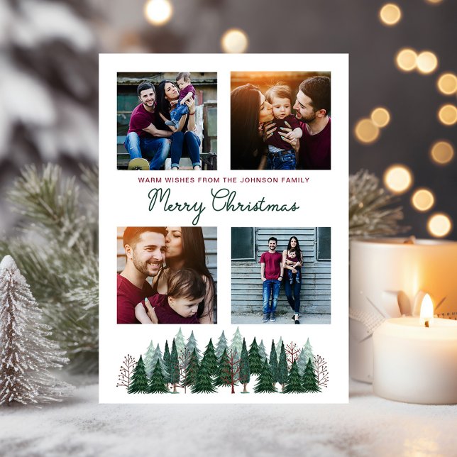 Árbol de Navidad rústico familiar  (Rustic Family 4 Photo Christmas Pine Tree Holiday Card)