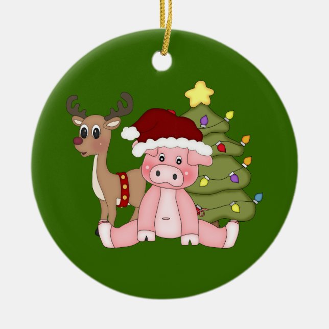 Árbol de navidad y ornamento del cerdo de Rudolf (Frente)