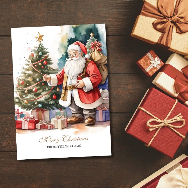 Árbol de Navidad y Santa Vieja Personalizado (Vintage Santa Xmas Tree Holiday Card)