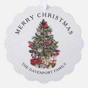 Árbol de navidad y tarjeta de ornamento de foto fa